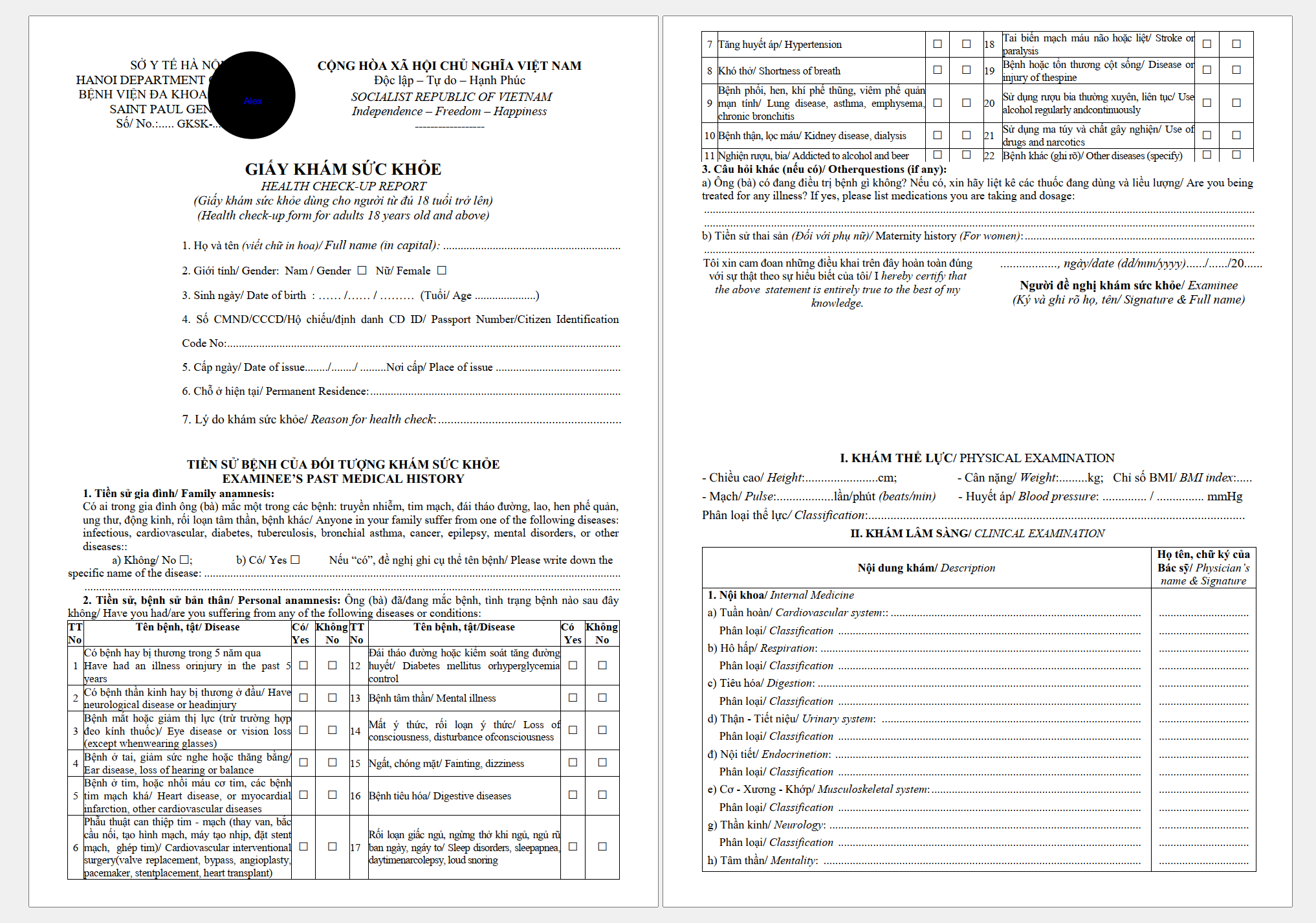 Giấy khám sức khỏe song ngữ