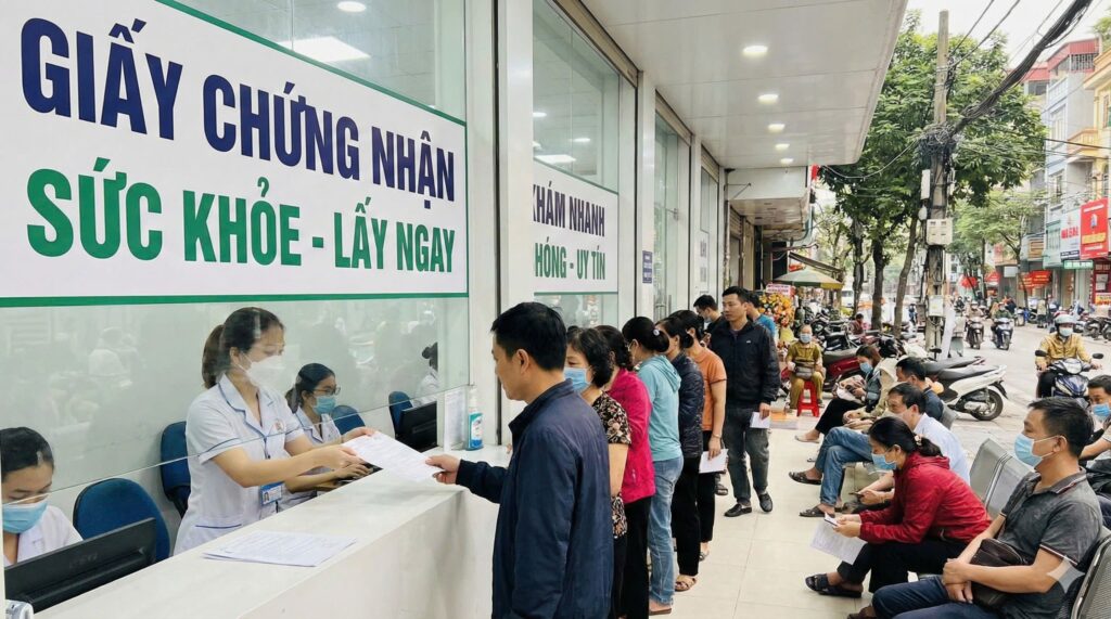 Xếp hàng chờ lấy giấy chứng nhận sức khỏe nhanh